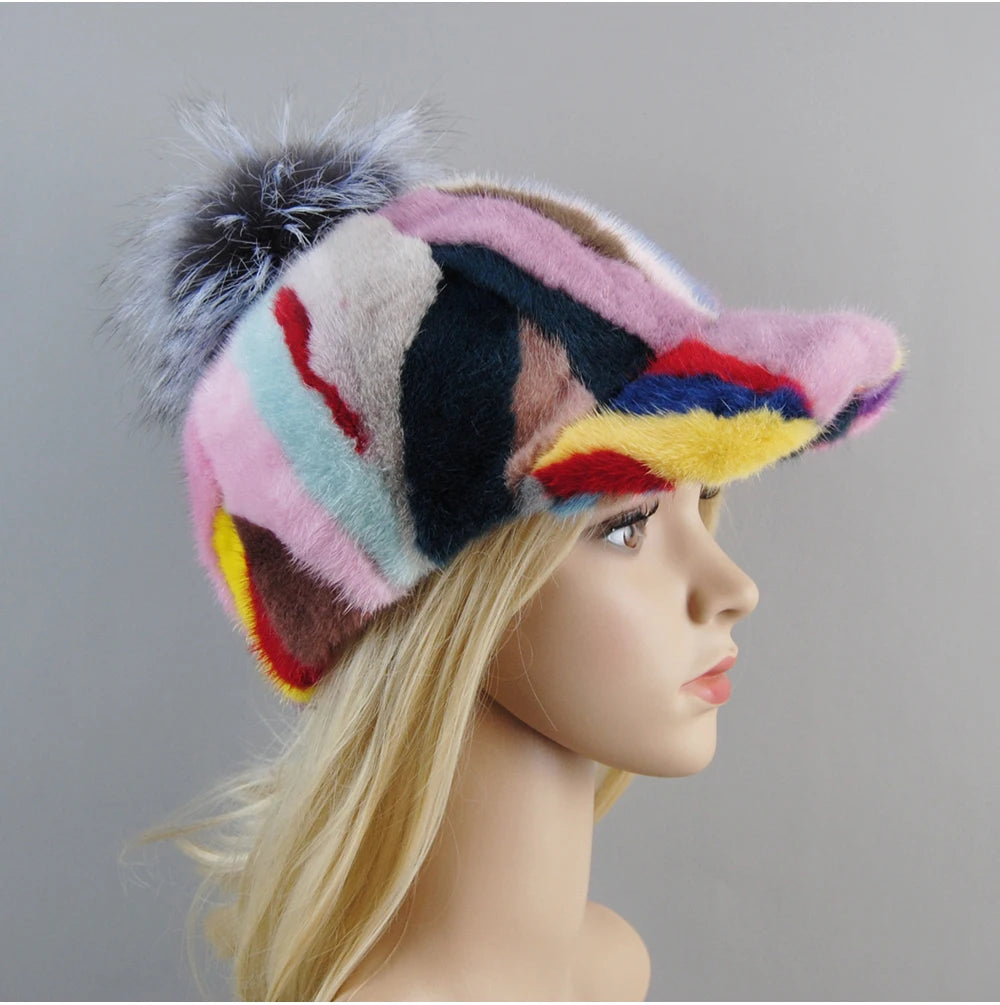 Colorful Real Mink Fur Bomber Hats Fur Pompom