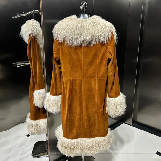 Genuine Suede Leather X-Long Coat Real Fur Collar Cuffs