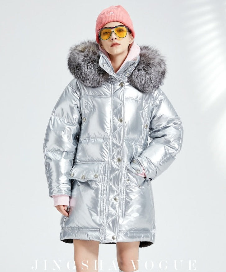 Glossy Duck Down Waterproof Big Puffer Coats Real Fur Parkas