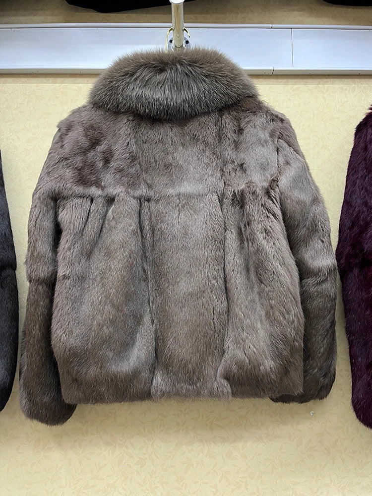 Short Real Rabbit Fur Coats Fox Fur Collar