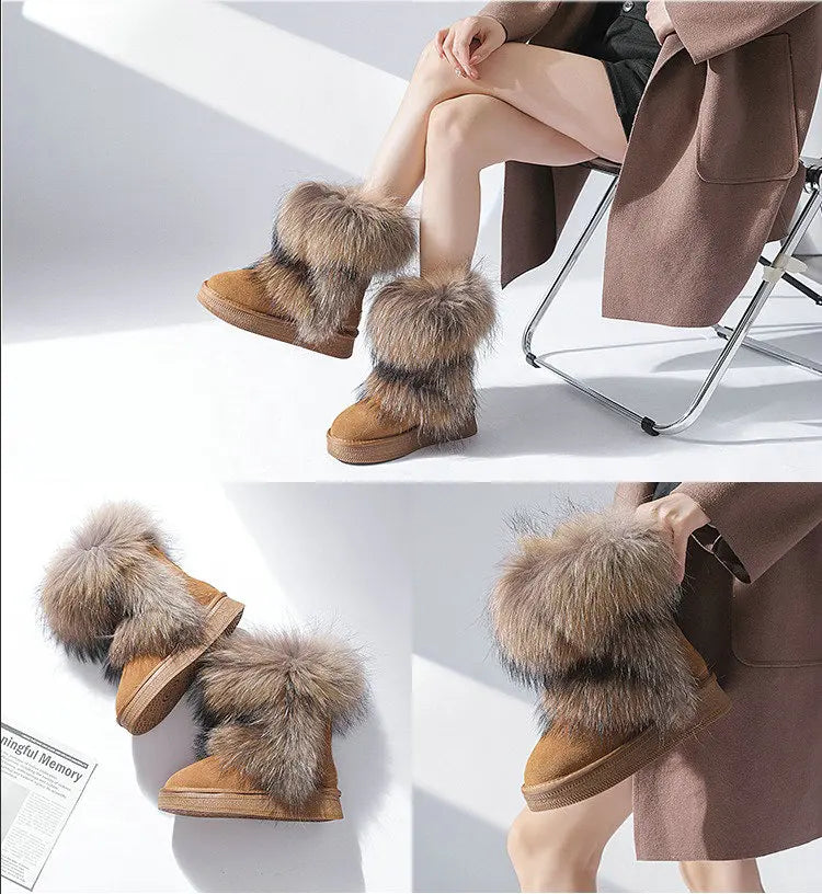 Genuine Leather Waterproof Snow Boots Real Fur