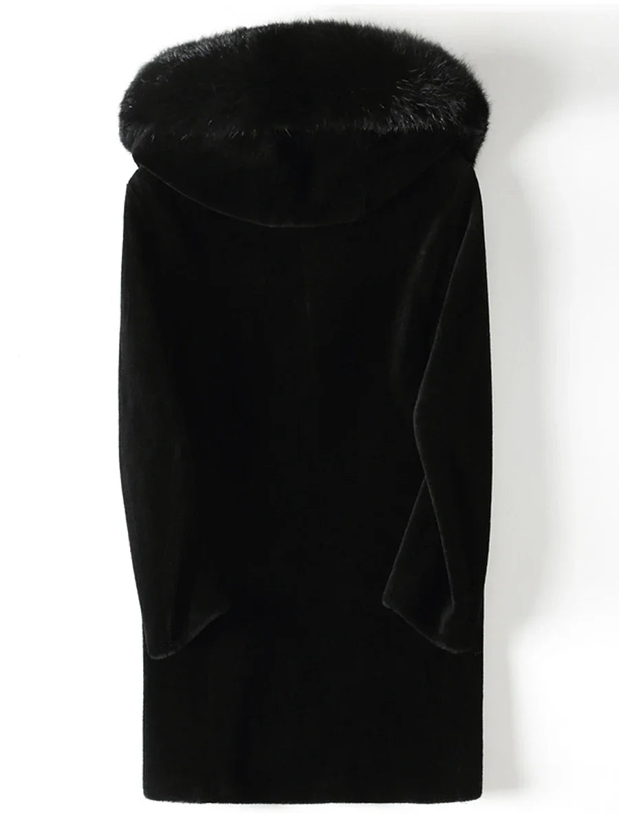 Genuine Leather Real Fur Hooded Long Wool Coat