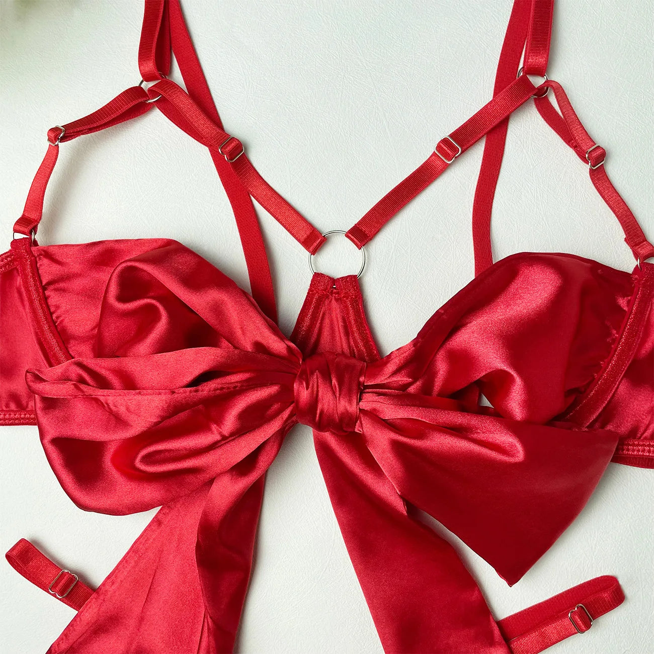 Satin Bowknot Open Bra 3-Piece Lingerie Sets