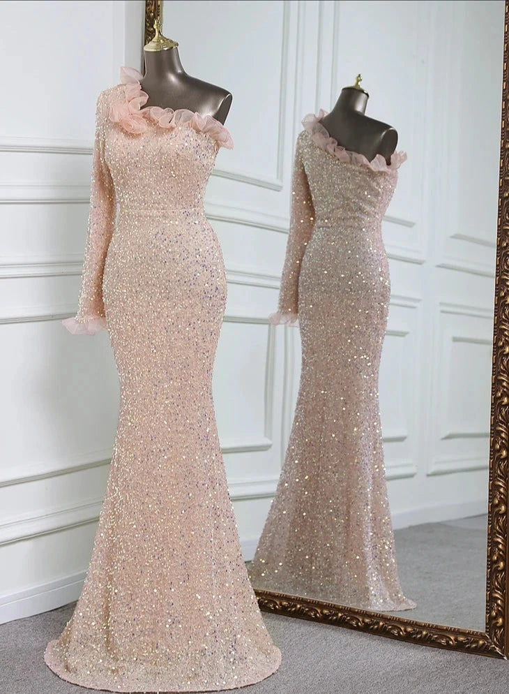 Sequins One Sleeve Lace Floor-Length Dresses