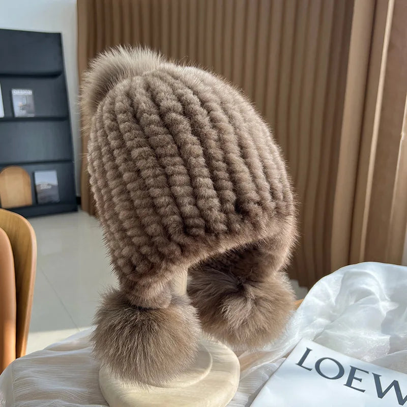 Knitted Spiral Real Mink Fur Beanies Cap Fur Pompom