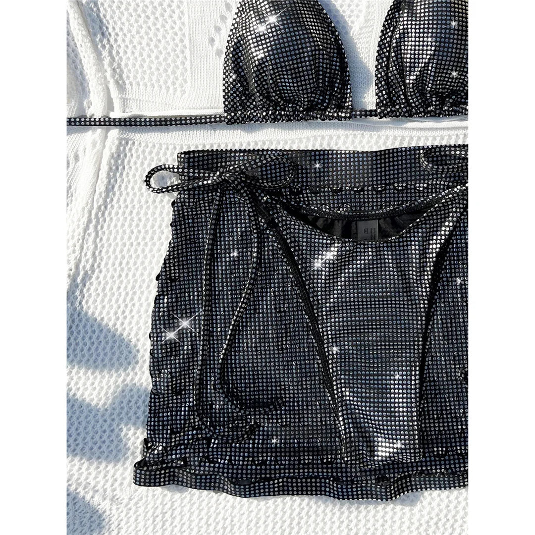 Shiny Halter Bikini & Mini Skirt Set