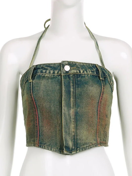 Halter Denim Tube Crop Top