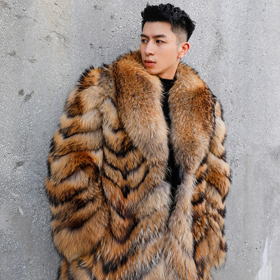 Genuine Real Fur Coat Big Turn-Down Collar Long