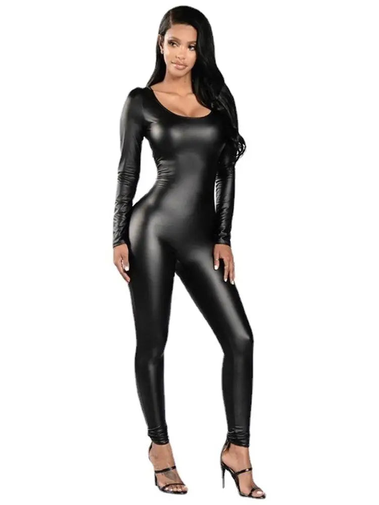 PU Leather Elastic Long Sleeve Jumpsuit