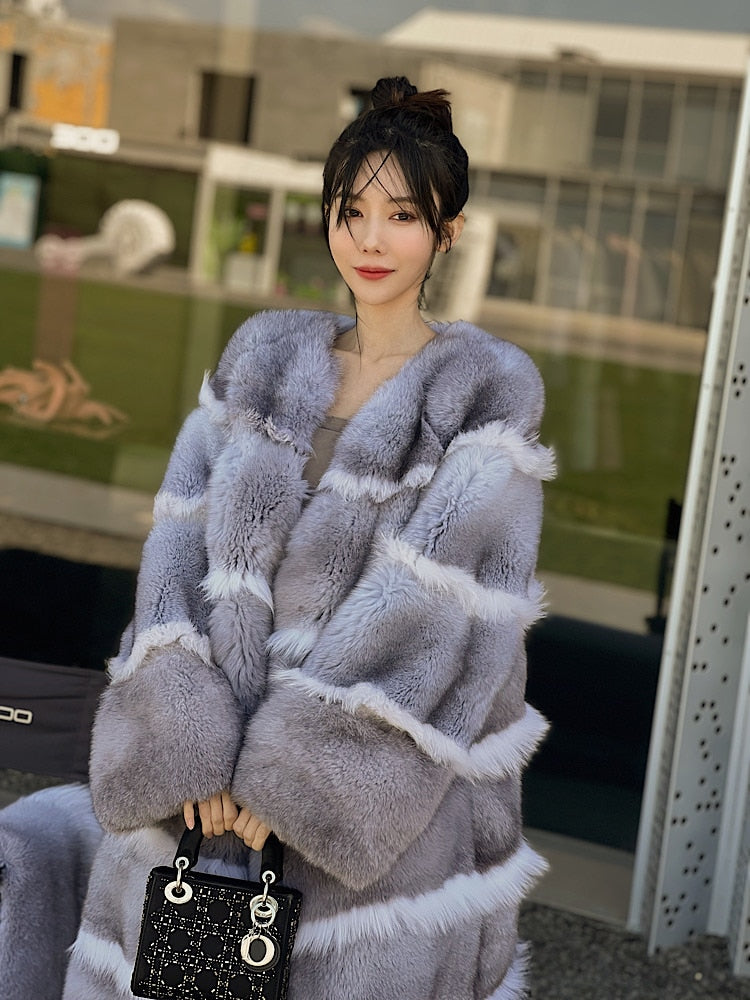 Luxury X-Long Fur Coat Detachable Big Fur Collar