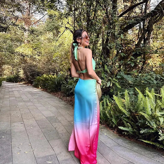 Tie-dye Hollow Backless Maxi Dress