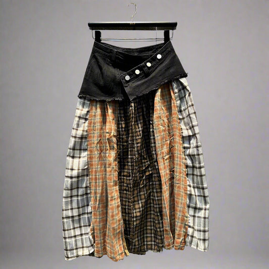 Long Plaid Patchwork Denim Skirts