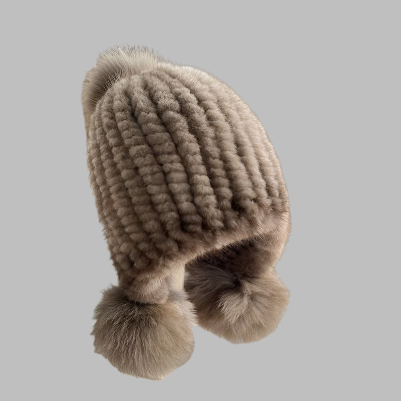 Knitted Spiral Real Mink Fur Beanies Cap Fur Pompom