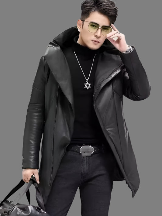 Genuine Leather Mid Length Down Coats Lapel Collar