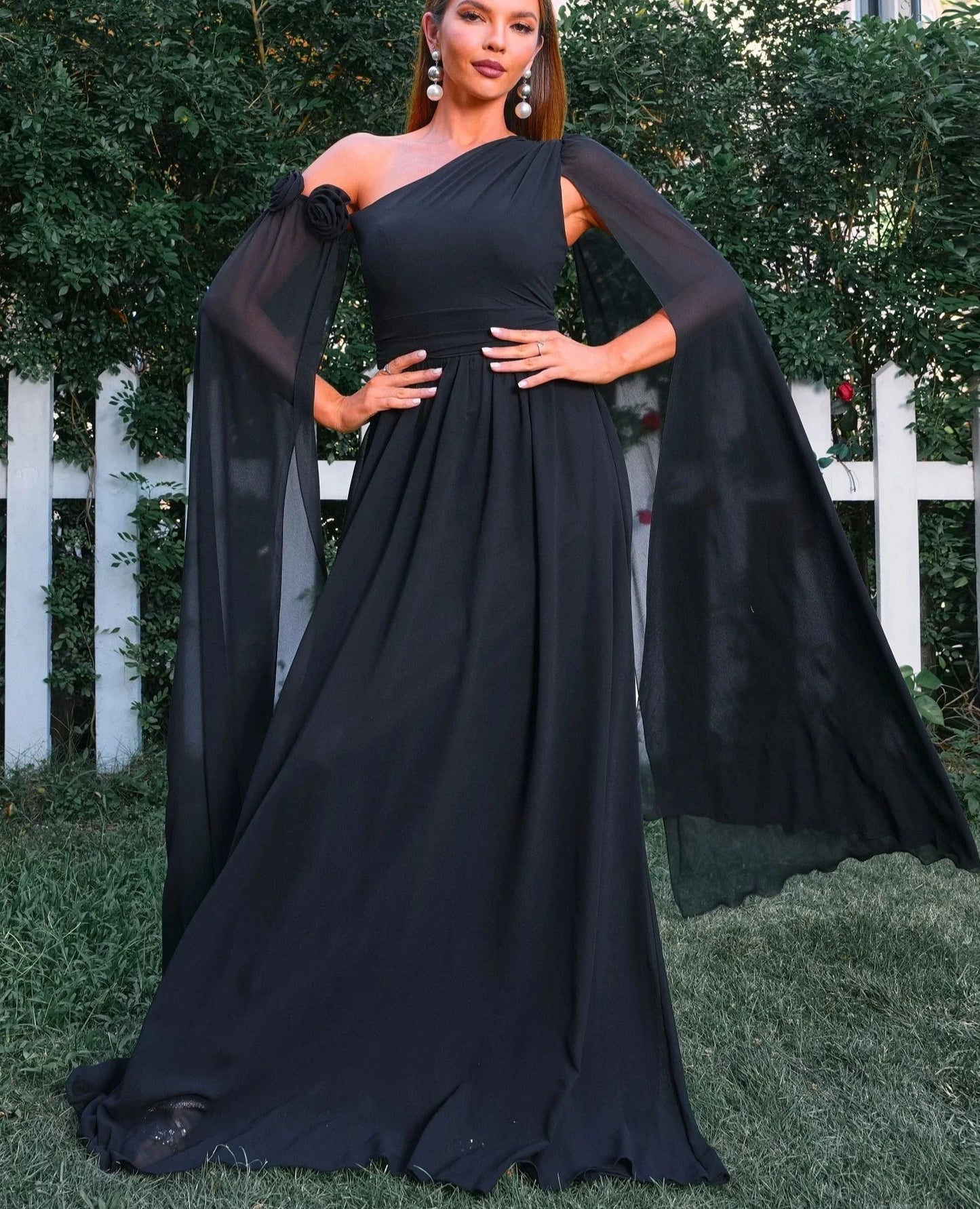 Black One Shoulder Drape Sleeves Dress