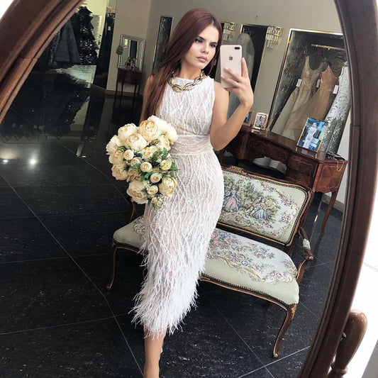 Elegant Feather Beads Sleeveless Long Dresses