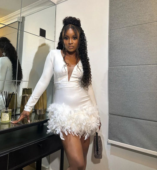 Deep V Long Sleeve Feather Mini Dresses