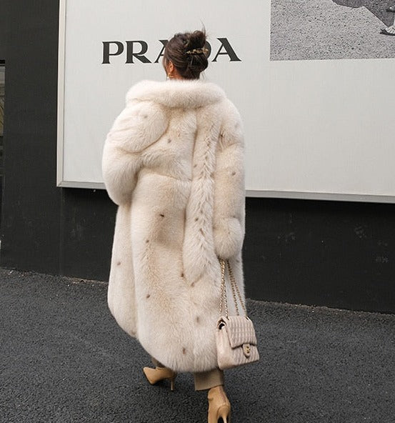 Luxury Polka Dot Real Fox Fur Long Coats