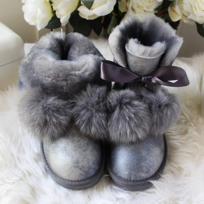 Waterproof Genuine Fur Ball Wool Snow Boots