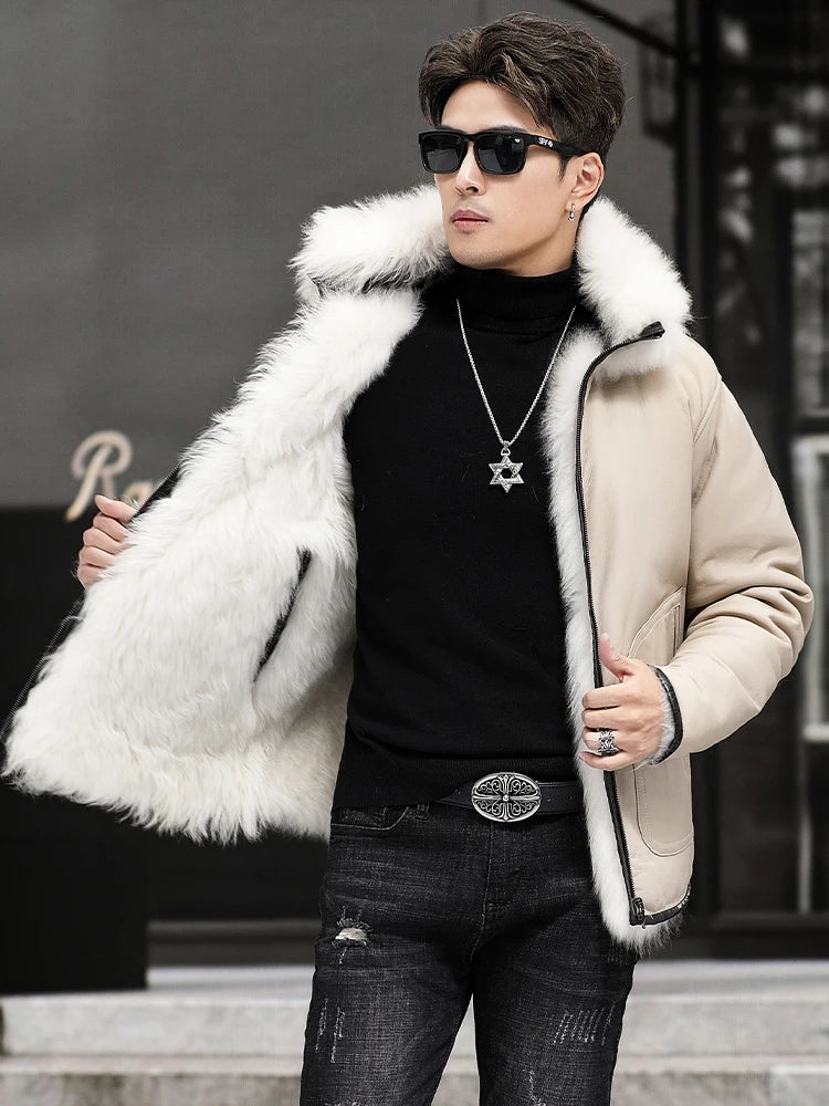 White Genuine Leather Reversible Shearling Fur Coat