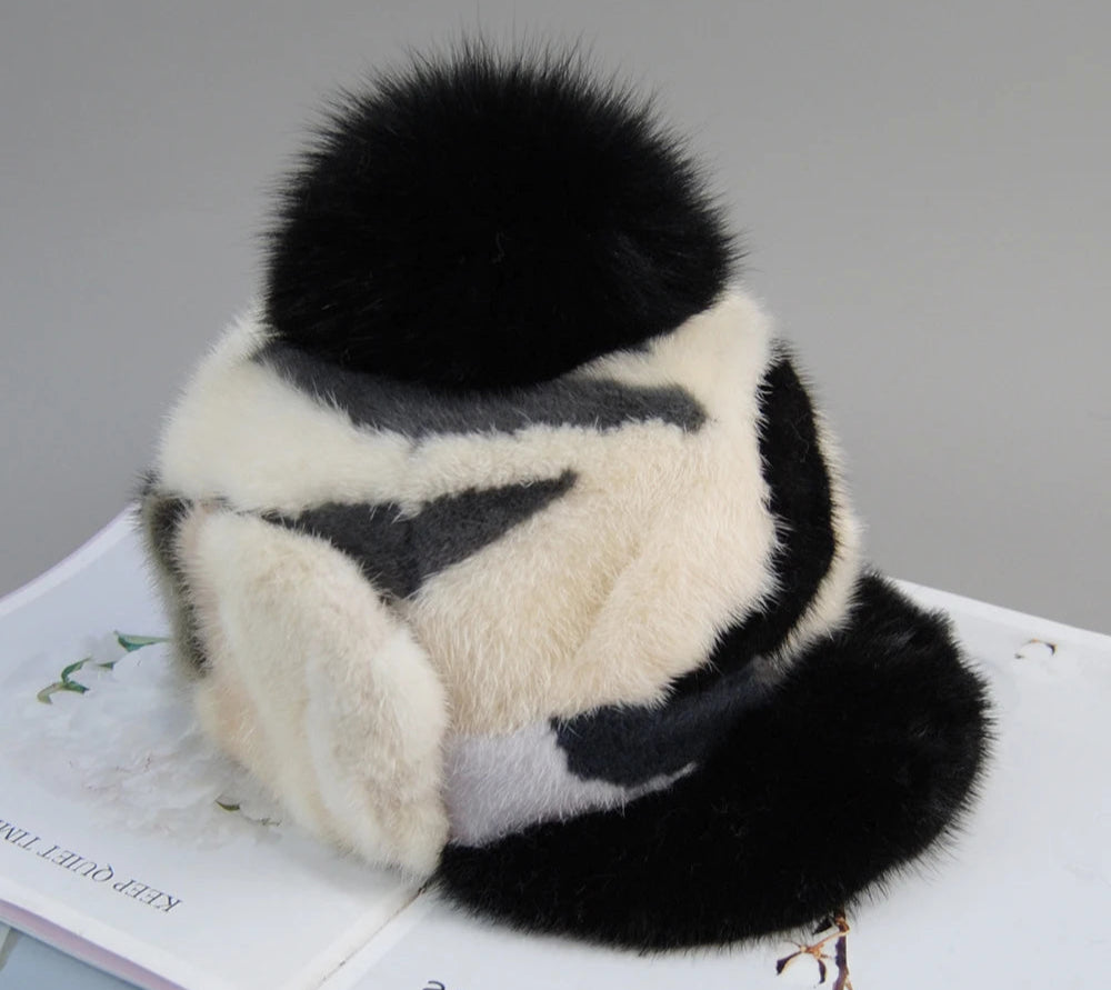 Colorful Real Mink Fur Bomber Hats Fur Pompom