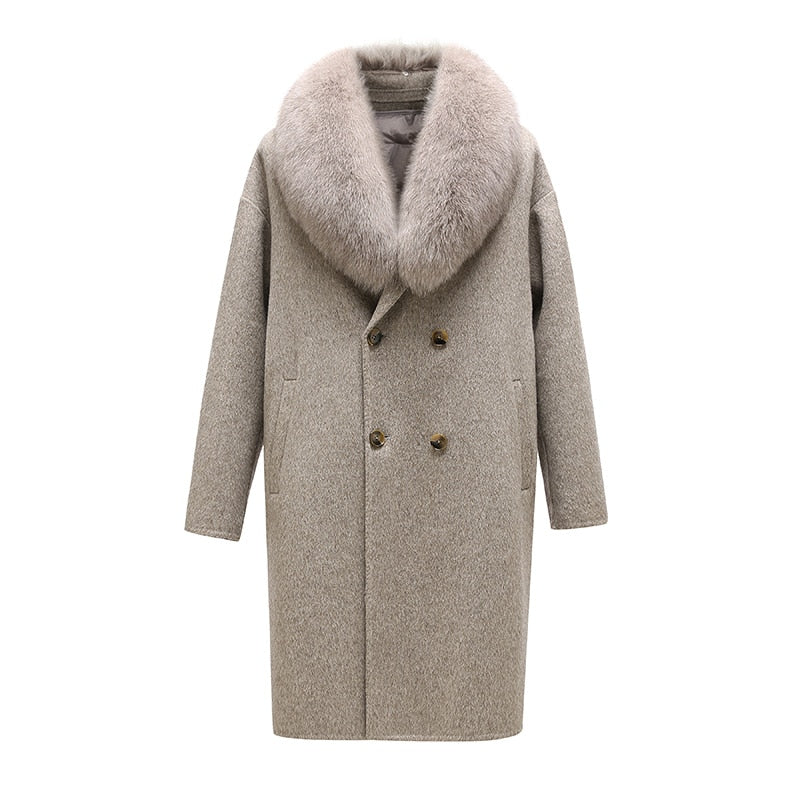 Real Wool Detachable Big Real Fox Fur Collar Long Coats