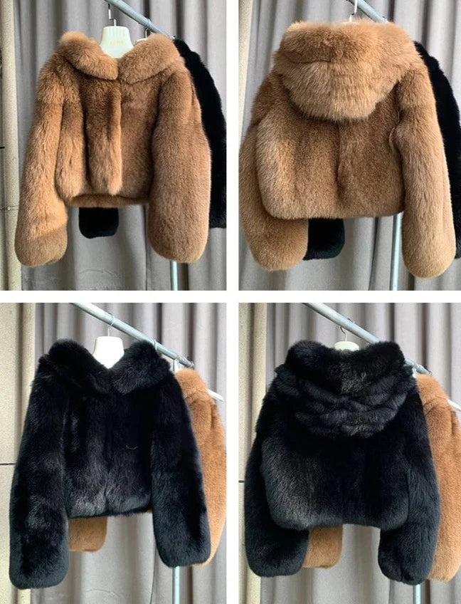 Luxury Natural Hooded Real Fox Fur Coats