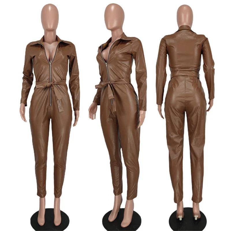 PU Faux Leather Long Sleeve Jumpsuits