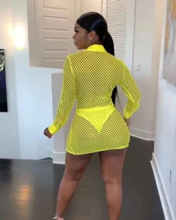 Neon Green Fishnet Mesh Bodycon Mini Dress