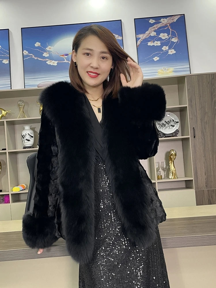 Real Mink Fur Coat Fox Fur Collar and Cuffs