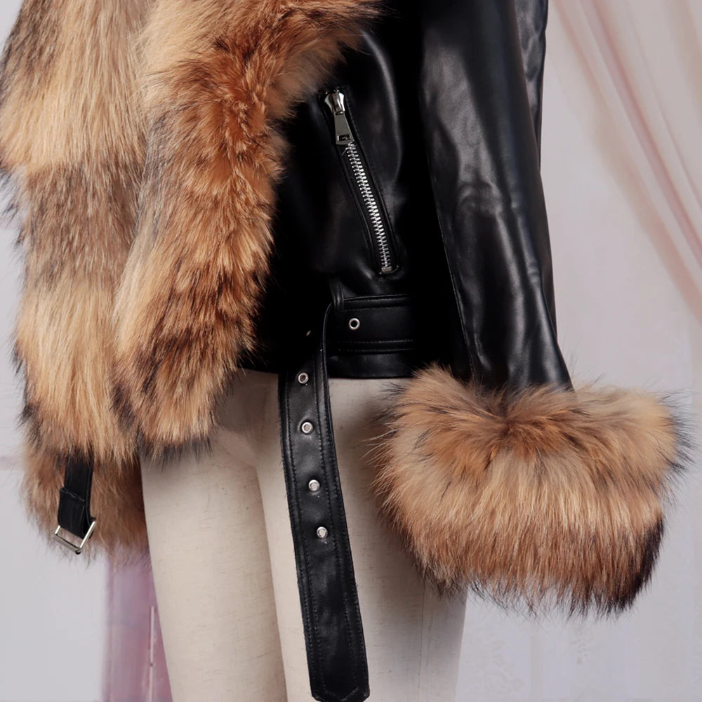 Genuine Leather Real Collar & Cuff Fur Coats