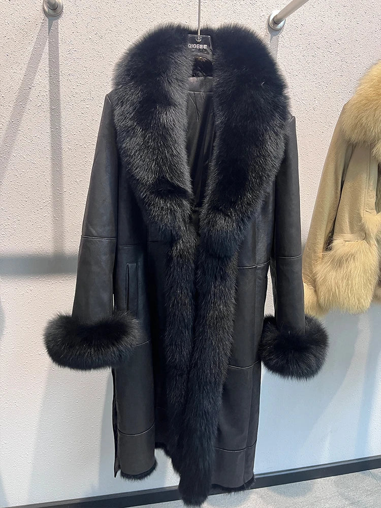 Genuine Leather Long Coats Real Fur Liner Collar Cuffs