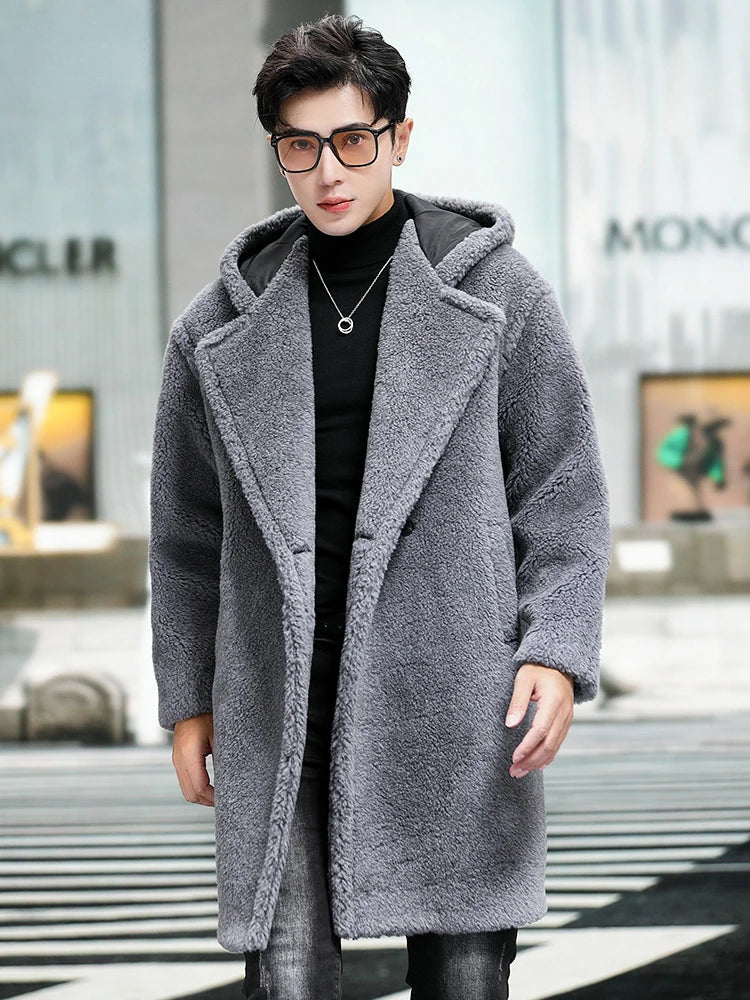 Cashmere Shearling Fur Hooded Long Wool Coat