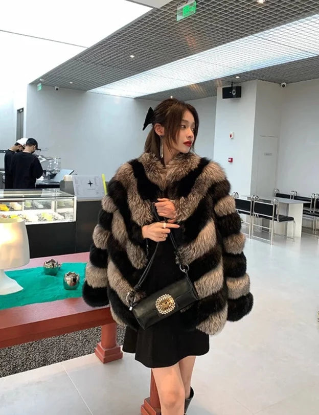 Silver & Black Pattern Real Fox Fur Coats