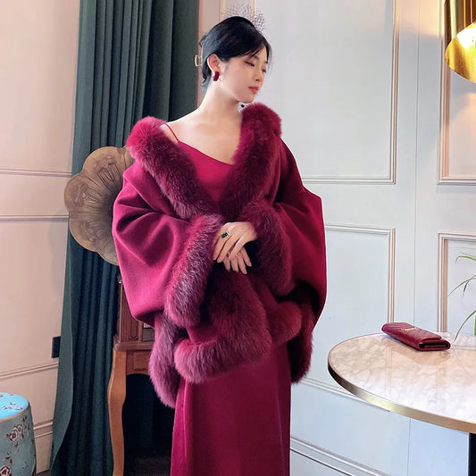 Cashmere Double-Faced Real Fur Wool Poncho Capes