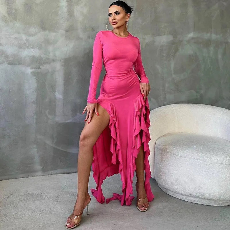 Long Sleeve Ruffle Thigh High Split Maxi Dresses