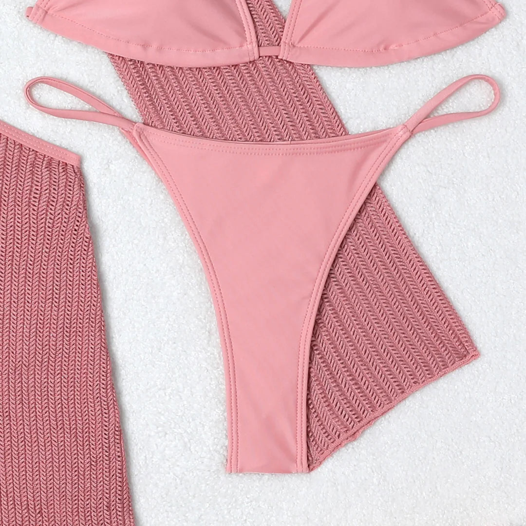 Knitted Sleeved Cover Up & Halter Bikini Sets