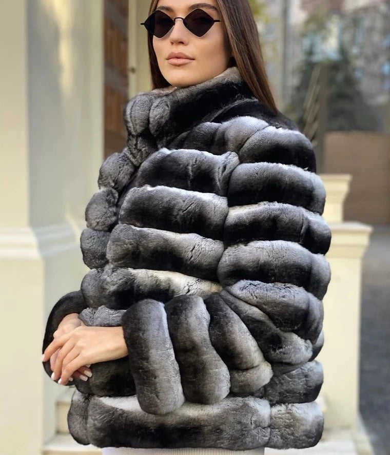 Chinchilla Style Genuine Rex Rabbit Fur Coat Short Elevate Swag