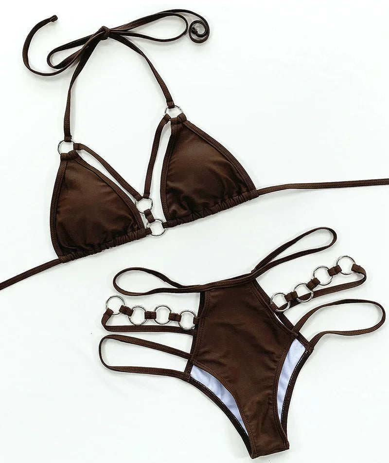 Halter Strappy Metal Rings Bikini Sets