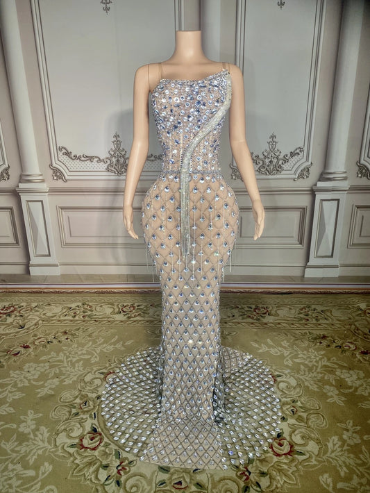 Big Rhinestones Chains Mesh Floor-length Dress