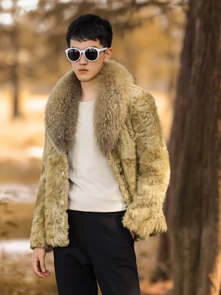 Natural Long Lambswool Real Fur Coats Fox Fur Collar