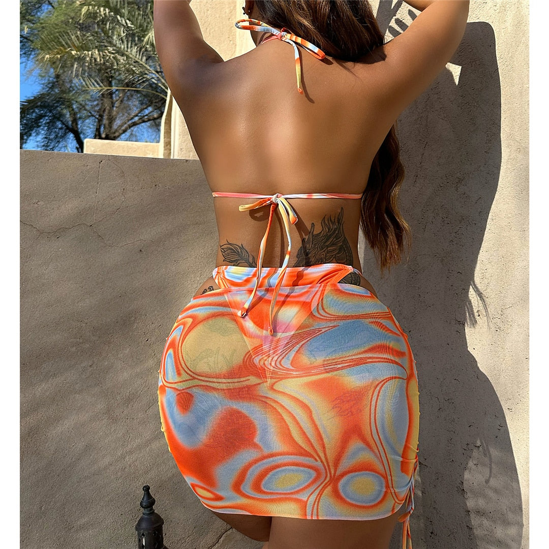 Tie Dye Style High Cut Bikini & Skirt 3pcs