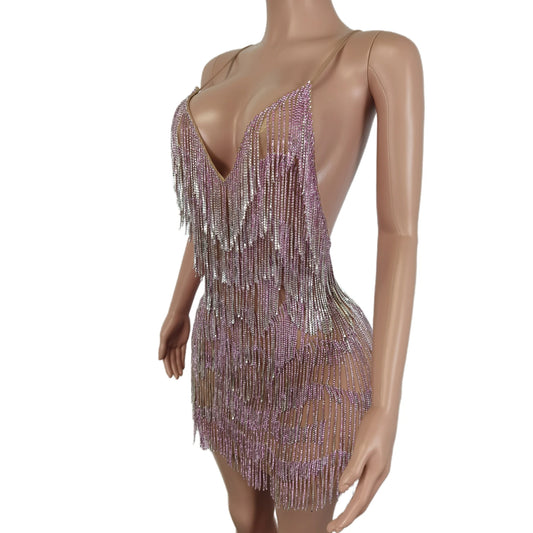 Rhinestones Tassel Fringe Backless Mini Dresses