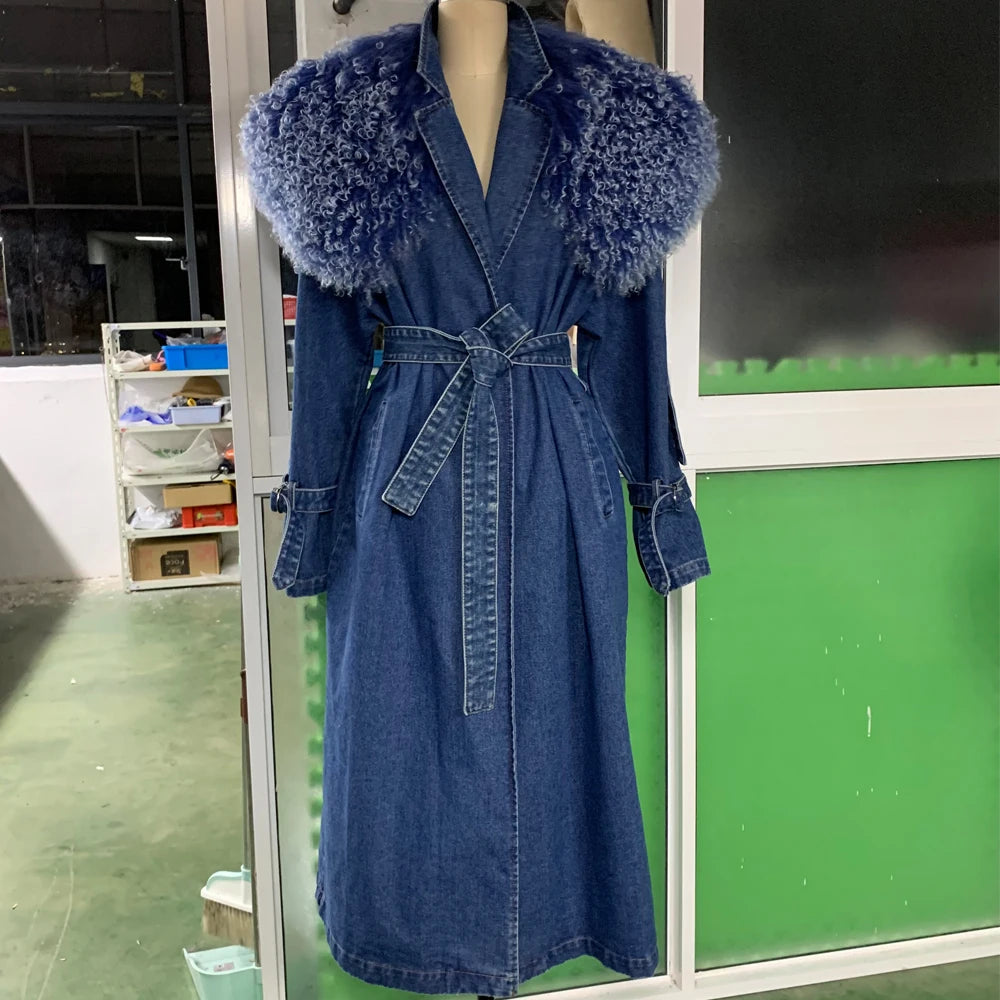 X-Long Denim Trench Coat Real Fur Big Collar