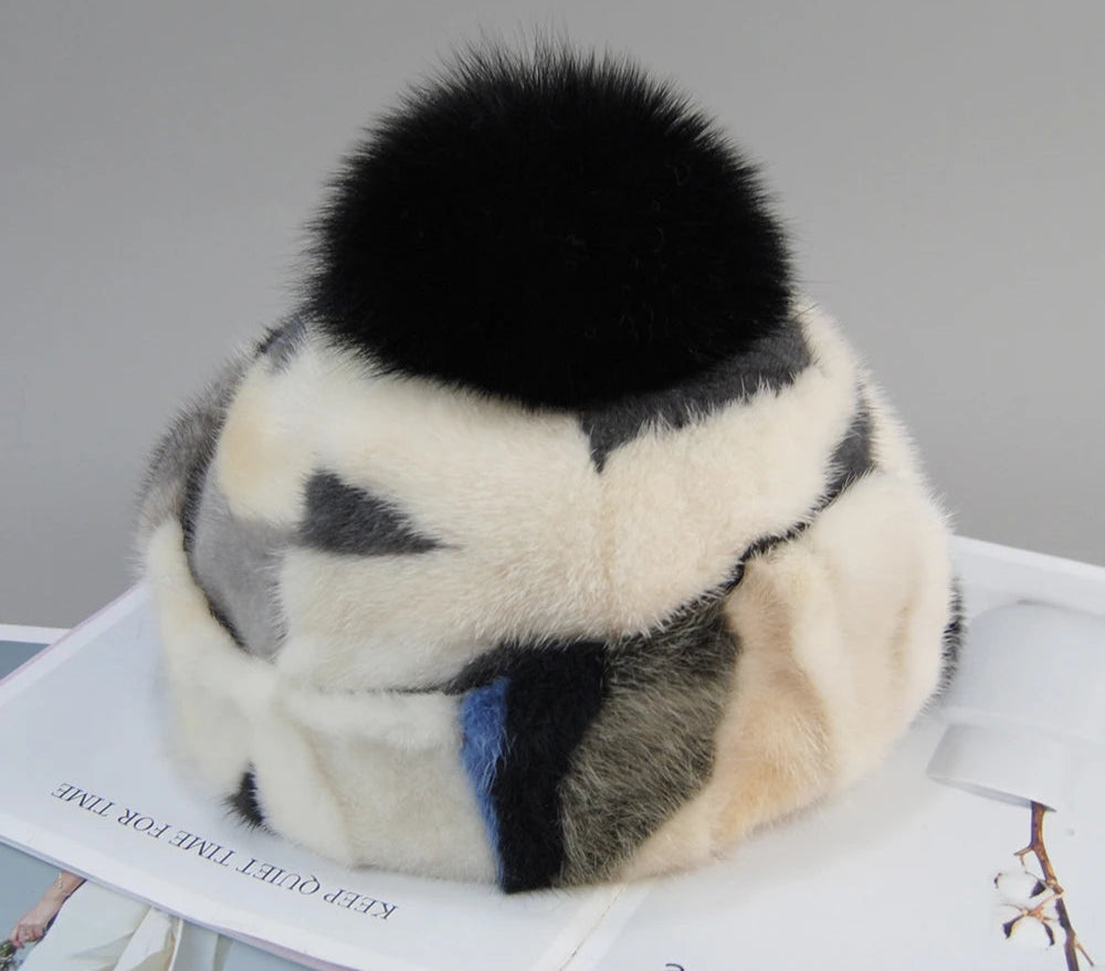 Colorful Real Mink Fur Bomber Hats Fur Pompom