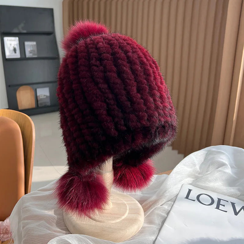 Knitted Spiral Real Mink Fur Beanies Cap Fur Pompom