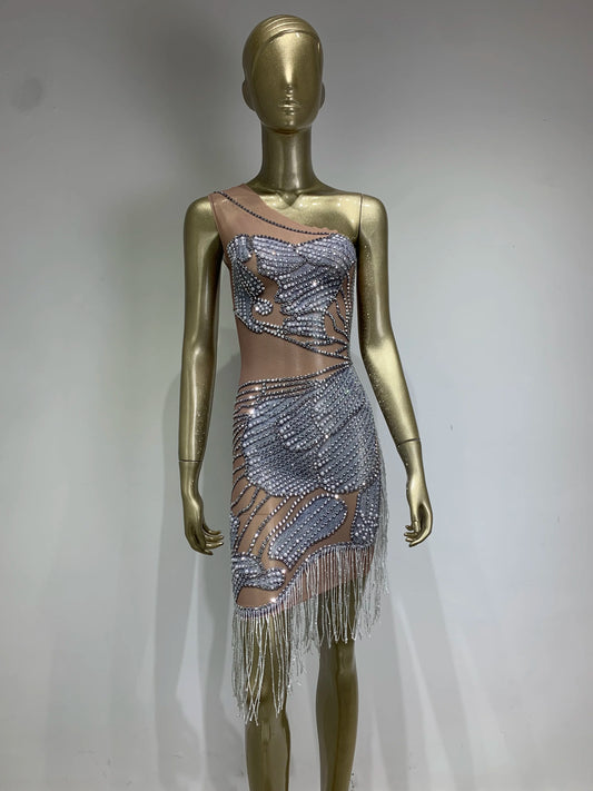 Rhinestones Tassels Sleeveless Mini Dress