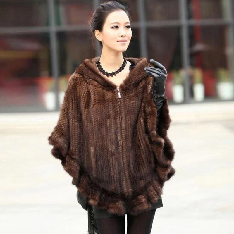 Knitted Real Mink Fur Hooded Ponchos