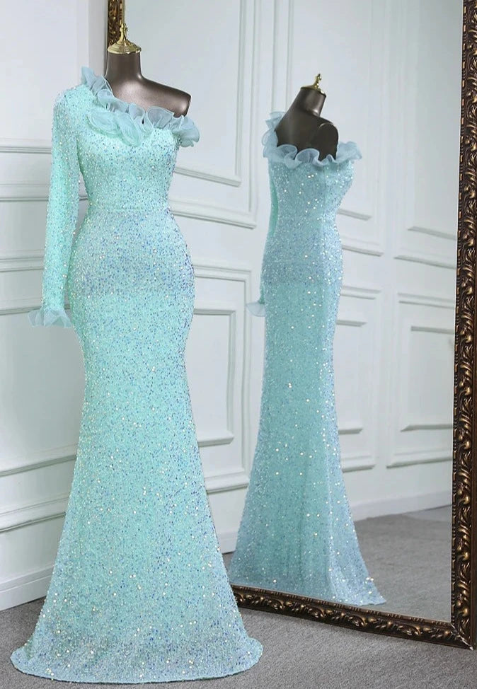 Sequins One Sleeve Lace Floor-Length Dresses