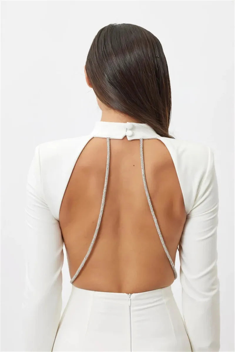 Sparkle Strap Backless Long Sleeve Maxi Dresses